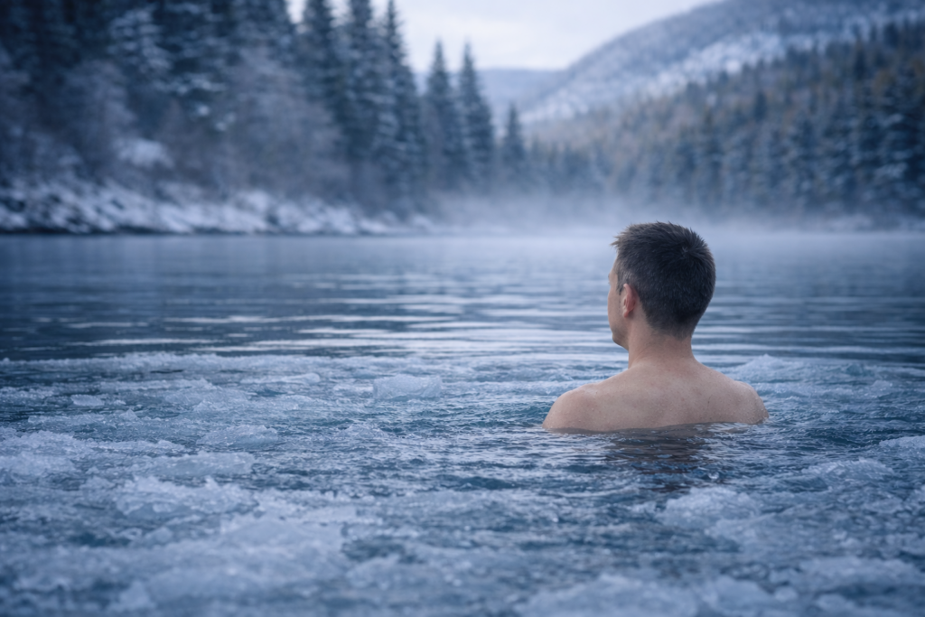muž v ledovém jezere při zimě