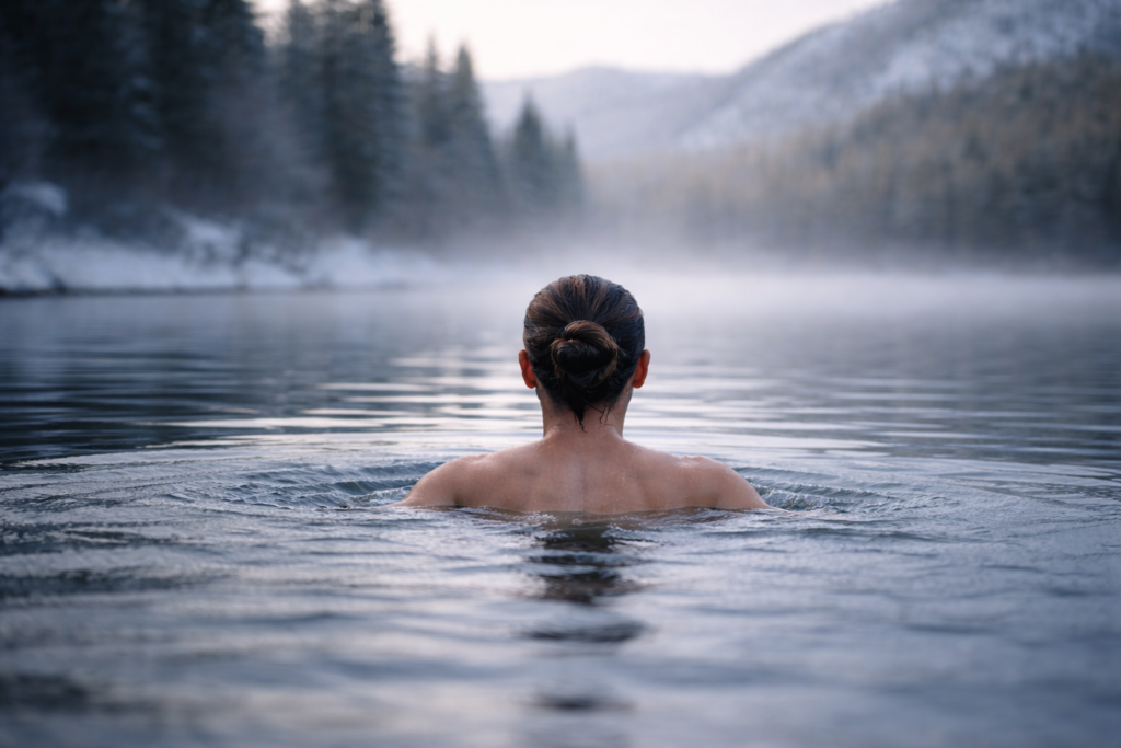 ranní koupel v alpském jezeře